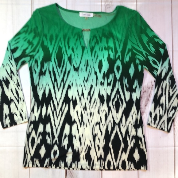 CALVIN KLEIN Green Black Bateau Neck Silky 3/4 sleeve top Women’s size small - Picture 13 of 13